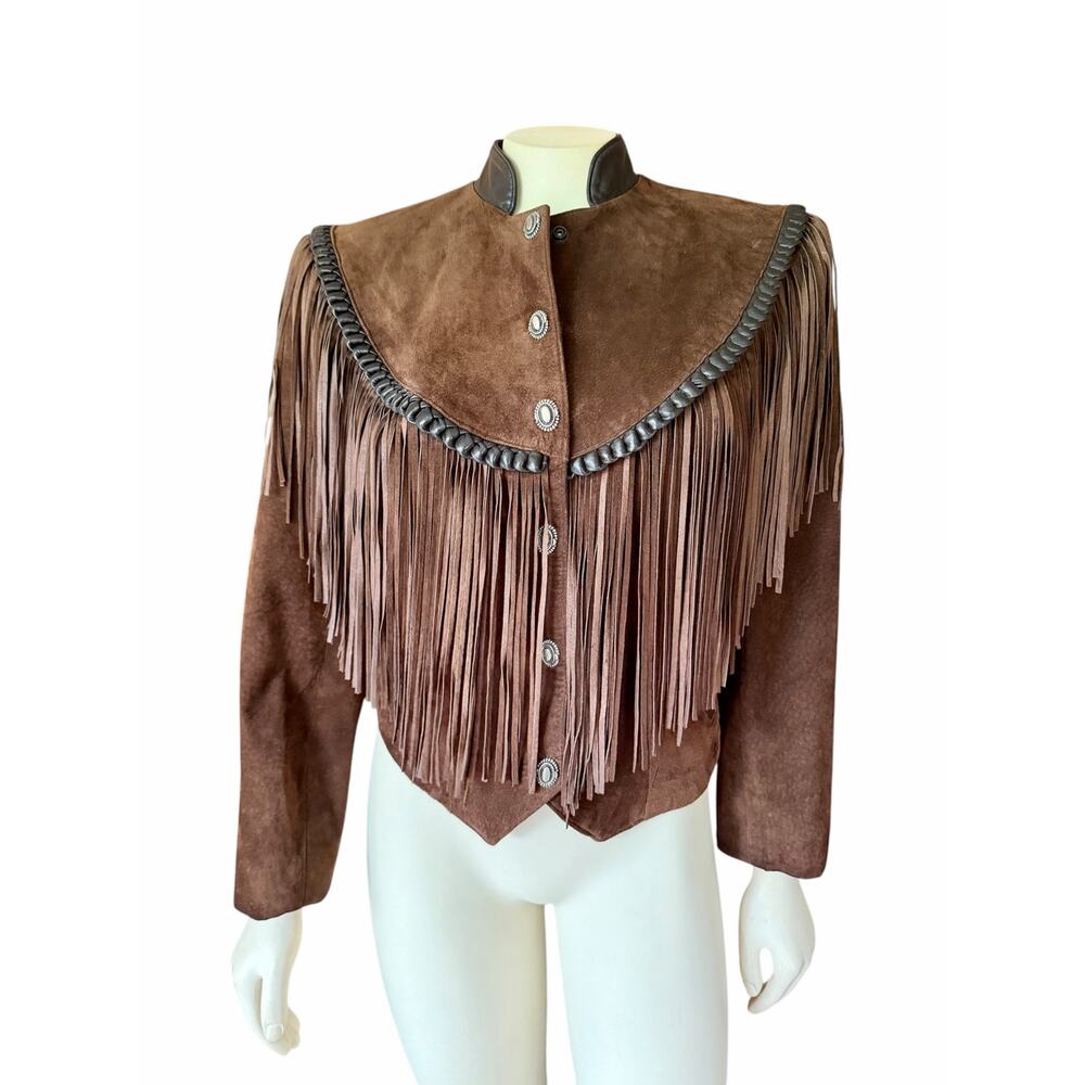 Cache Brown Suede Leather Fringe Western Crop Jacket Concho Buttons Vintage - Picture 5 of 13